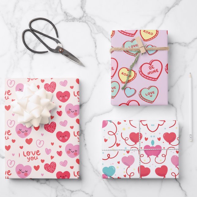 3 Different Pretty Pink Red Hearts Pattern   Wrapping Paper Sheet (Front)