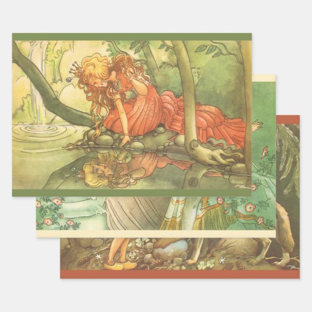 3 different Vintage Fairy Tales Wrapping Paper Sheet (Set)