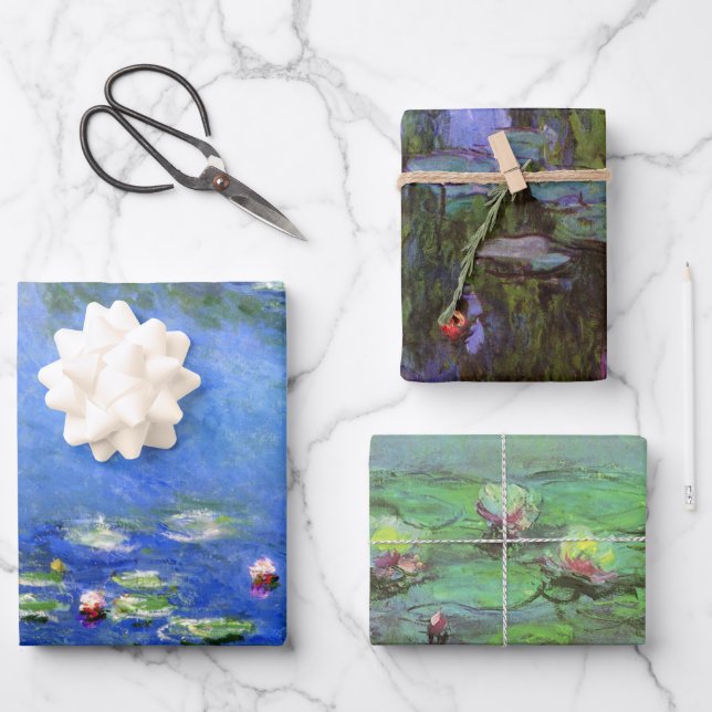 3 different Waterlilies Flowers by Claude Monet Wrapping Paper Sheet (Front)