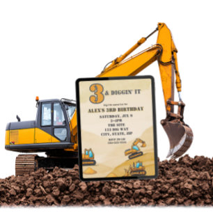 3 & Diggin It, Construction Vehicle 3rd Birthday Invitation