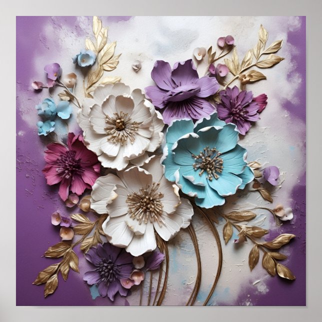 3 dimensional colourful flowers art print (Front)