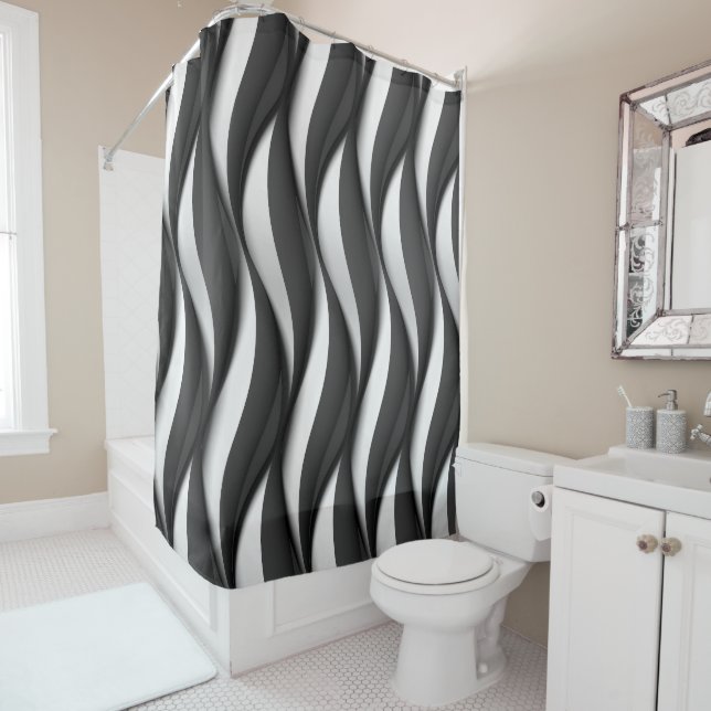 3 Dimensional Wavy Black and White Pattern Shower Curtain (In Situ)