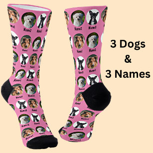 3 Dogs, 3 Names, Dog Photo - Personalised Pink Socks