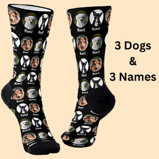 3 Dogs, 3 Names, Dog Photo - Personalized Black Socks