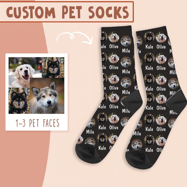 3 Dogs 3 Names Personalised Dog Photo on Black Socks (Creator Uploaded)