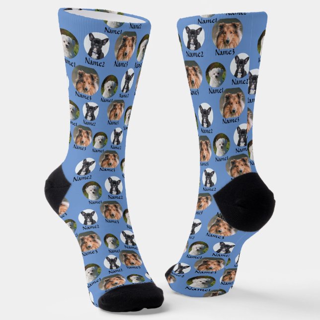 3 Dogs & Names Personalised Pet Photos on Blue     Socks (Angled)