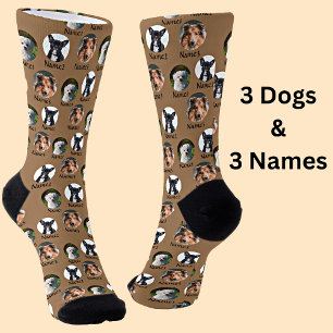 3 Dogs & Names Personalised Pet Photos on Brown Socks