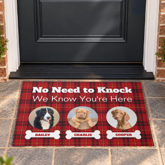 3 Dogs Photos Red Tartan Plaid No Need To Knock Doormat