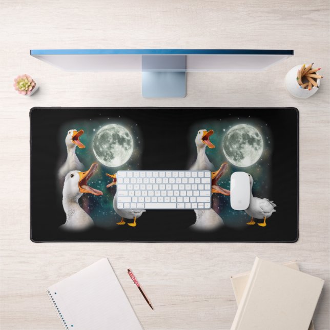 3 Ducks Howl At Moon Funny Weird Cursed Pekin Duck Desk Mat (Office 1)