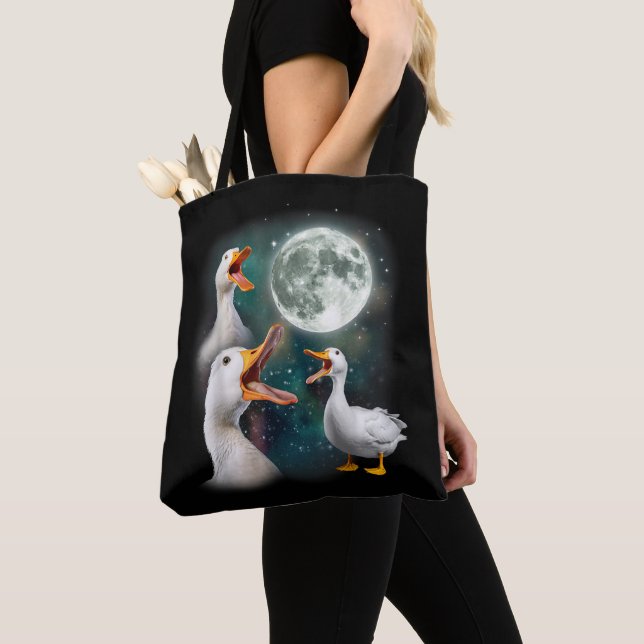 3 Ducks Howl At Moon Funny Weird Cursed Pekin Duck Tote Bag (Close Up)