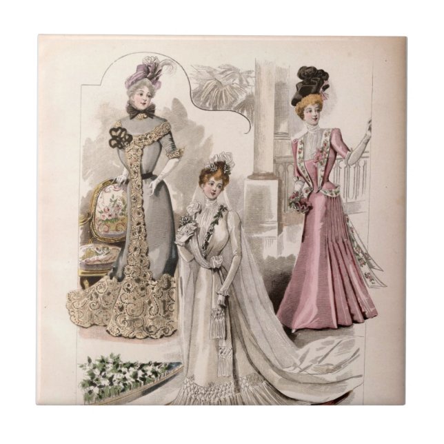 3 Edwardian Ladies Flowing Gowns Vintage Fashion  Tile (Front)