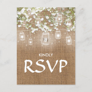 3 Entree Choice RSVP Baby's Breath Rustic Burlap Invitation Postcard