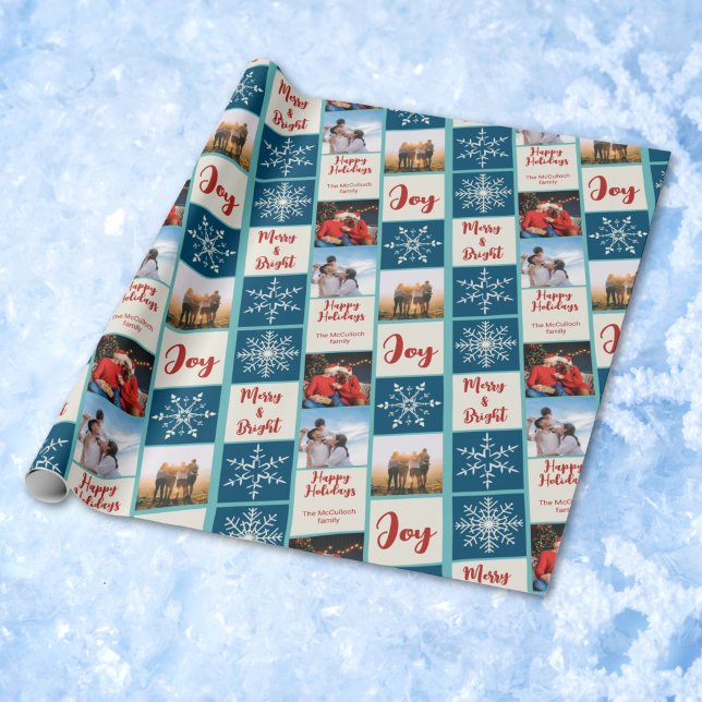 3 Family Photo Collage Script Happy Holidays 2025 Wrapping Paper (Creator Uploaded)