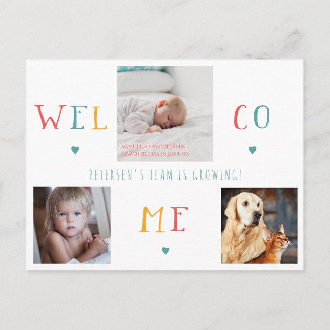 3 family photo collage WELCOME new baby birth Announcement Postcard (Front)