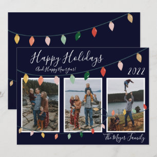 3 Family Photos Dark Blue Happy Holidays Lights Holiday Card