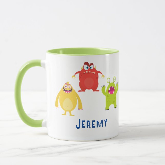 3 Funny Cartoon Monsters, Child's Name Vs 2 Mug (Left)