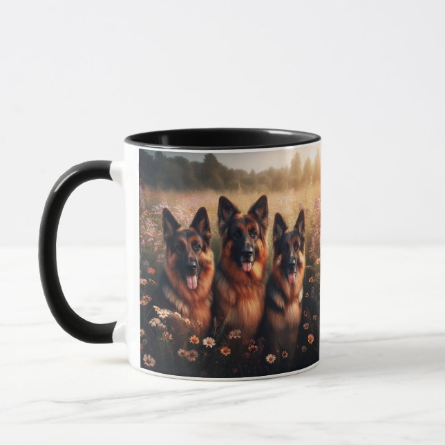 3 German Shepherds in a field of wildflowers Mug (Left)