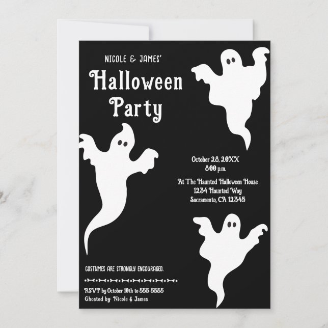 3 Ghosts Black & White Whimsical Halloween Party Invitation (Front)