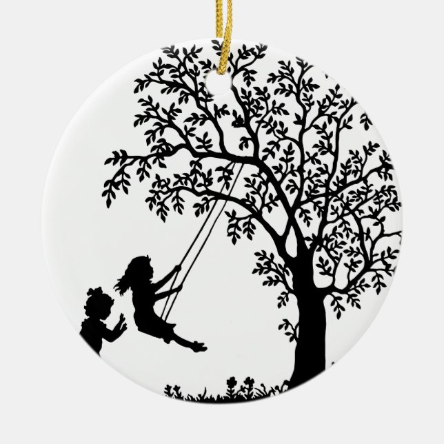 3 Girls, Swinging on Tree Swing & Picking Flowers Ceramic Tree Decoration (Front)