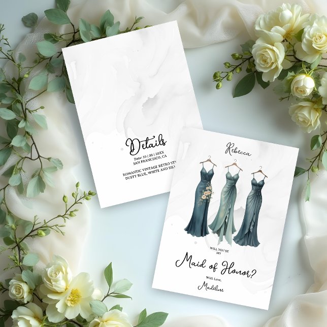 3 Glam Dusty Bridesmaid Dresses Watercolor Request (3 Glam Dusty Bridesmaid Dresses Watercolor Request Cards.)