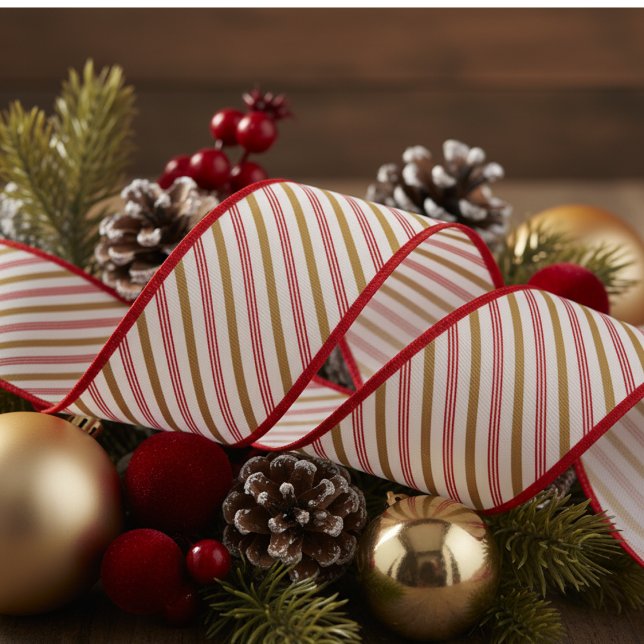 3" Gold and Red Candy Cane Pinstripe Xmas Pattern Grosgrain Ribbon (Chic Modern Festive Red & Gold Candy Cane Striped Xmas Ribbon. Elegant Christmas Pattern for Her)