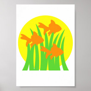 3 Goldfish Swimming Among Seaweeds Poster
