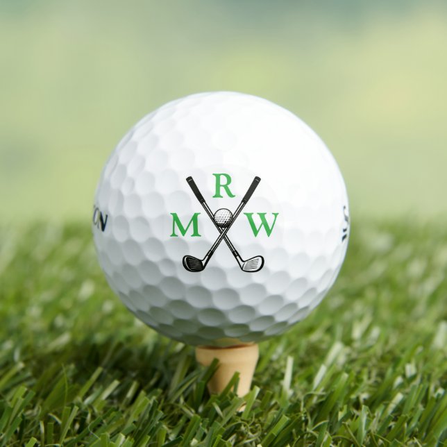 3 Green Initial Letters Crossed Clubs Monogram Golf Balls (Insitu Tee)