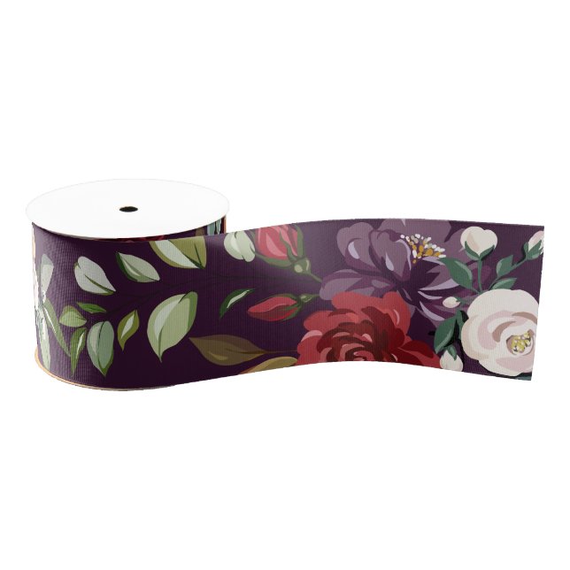 3" Grosgrain Ribbon Plum Purple Roses Gold Geometr (Spool)