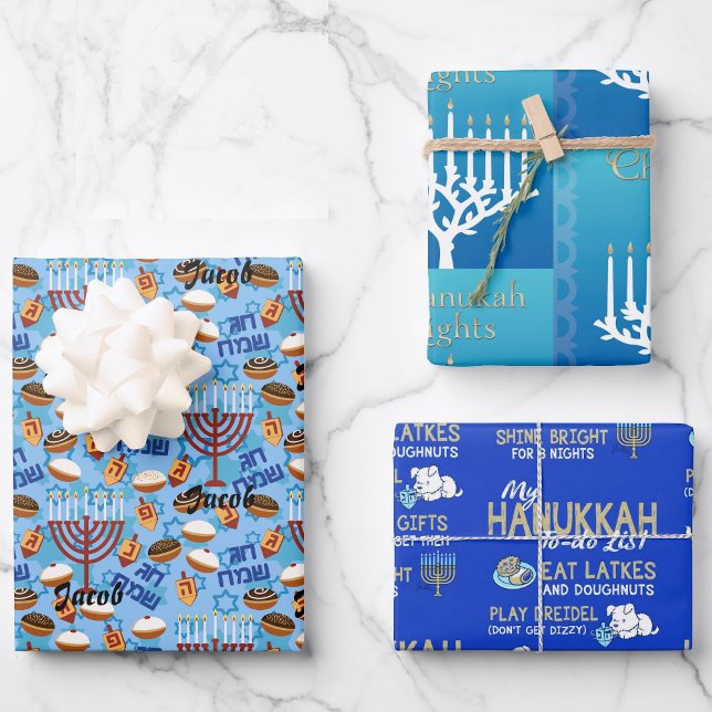 3 Hanukkah Wrapping Paper in Blue Child's Name (Creator Uploaded)