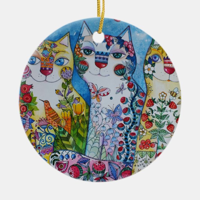 3 happy cats ceramic tree decoration (Front)