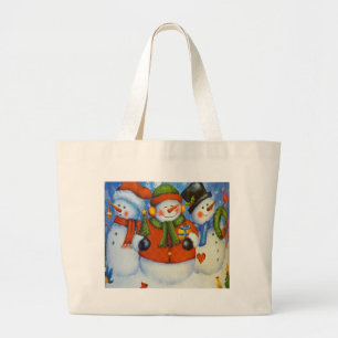 3 Happy Snowmen Large Tote Bag