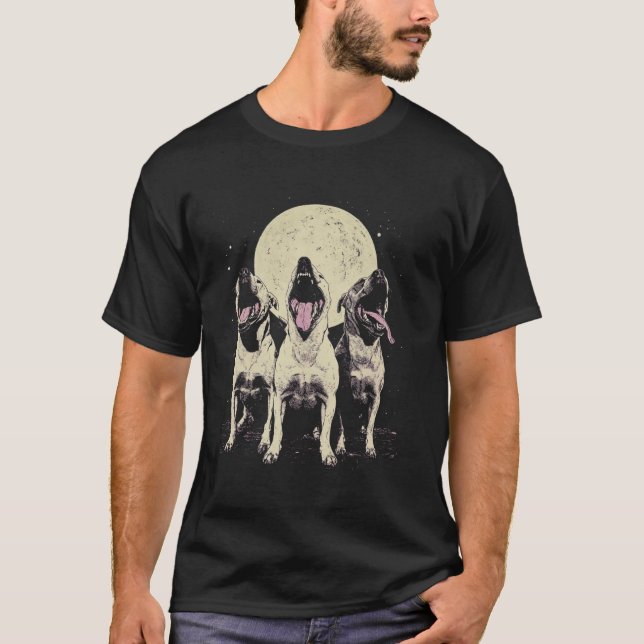 3 Headed Pitbull Dog Howling At The Moon T-Shirt (Front)