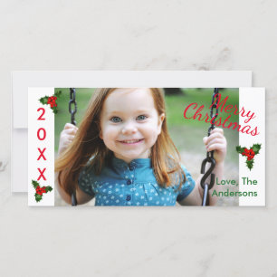 3 Holly White Merry Christmas-Christmas Photo Card