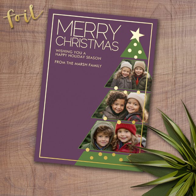 3 Horizontal Photo Christmas Tree Collage Foil Holiday Card (Photo Christmas Card with Gold Foil Accent - Modern Merry Christmas)
