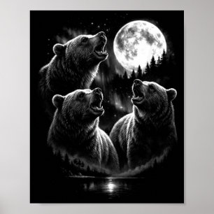 3 Howling Bear Moon Aurora Vintage Retro Style Poster