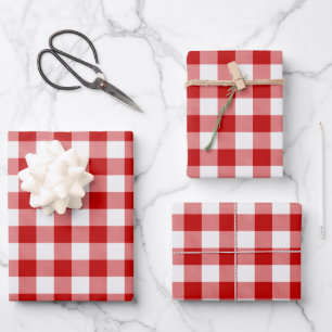 3 Identical Red White Squares Buffalo Plaid Check Wrapping Paper Sheet