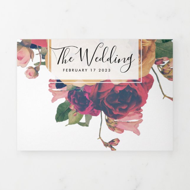 3 in 1 Antique Roses Vintage Bohemian Wedding Tri-Fold Announcement (Cover)