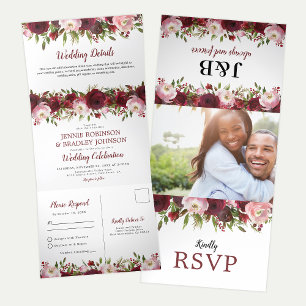 3 in 1 Blush Burgundy Floral Wedding Tri-Fold Invitation