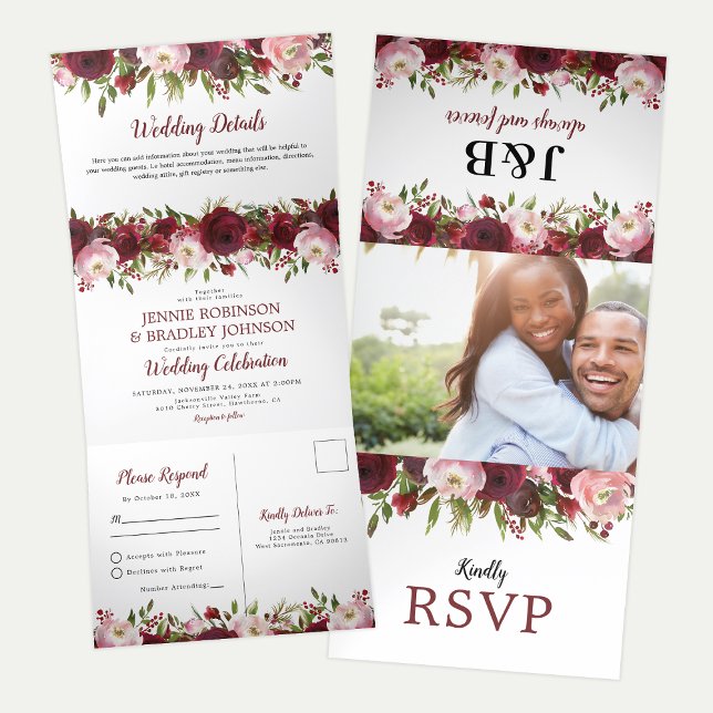 3 in 1 Blush Burgundy Floral Wedding Tri-Fold Invitation (Creator Uploaded)