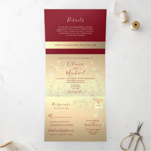 3 in 1 Burgundy Red Wedding Tri-Fold Invitation