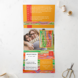 3 in 1 Orange Photo Wedding Tri-Fold Invitation