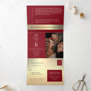 3 in 1 Red and Gold Photo Wedding Tri-Fold Invitation