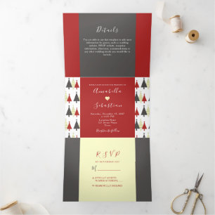 3 in 1 Red Winter Wedding Tri-Fold Invitation