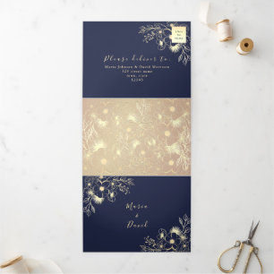 3 in 1 Rose Gold and Navy Wedding Tri-Fold Invitation