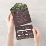 3 in 1 Rustic Christmas Winter Wedding All In One Invitation<br><div class="desc">Rustic 3 in 1 winter wedding tri-fold invitation featuring a dark wooden background,  festive christmas tree branches,  red & gold tree decorations,  string twinkle lights,  a wedding invite,  and a rsvp meal option section for your guests to tear off and send back.</div>