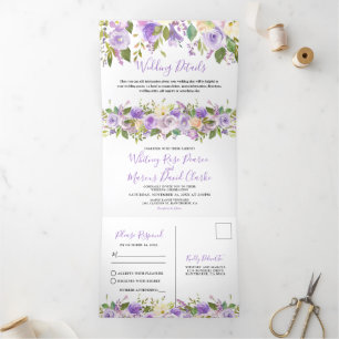 3 in 1 Rustic Purple Floral Wedding Tri-Fold Invitation