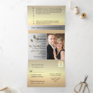 3 in 1 Silver And Gold Photo Wedding Tri-Fold Invitation