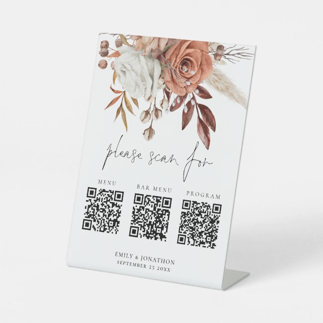 3 in One Qr Codes Bar Menu Program Florals Wedding Pedestal Sign (Front)
