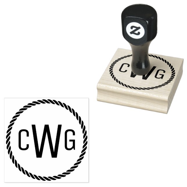  3 Initial Letter Monogram #1 Round Rope Frame Rubber Stamp (Stamped)