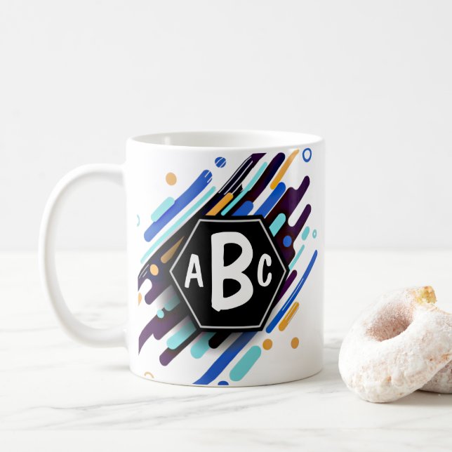 3 Initial Letter Monogram Black Frame Blue Paint Coffee Mug (With Donut)